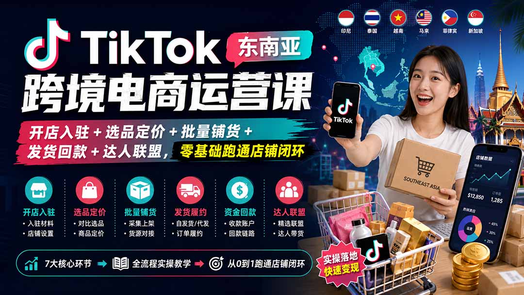 （20059期）TikTok东南亚跨境电商运营课：开店入驻+选品定价+批量铺货+发货回款+达人联盟，零基础跑通店铺闭环 - 臻优资源网