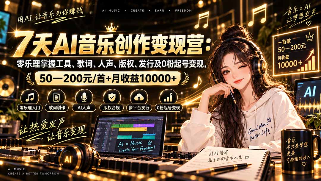 （20442期）AI音乐创作变现营：零乐理掌握工具、歌词、人声、版权、发行及0粉起号变现，50—200元/首+月收益10000+ - 臻优资源网