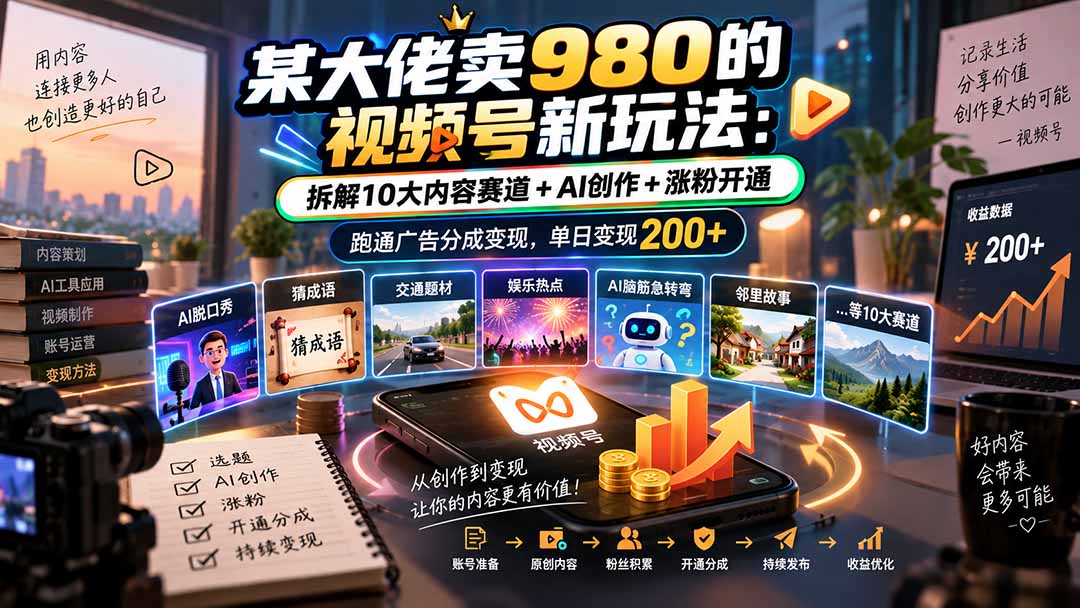 （20573期）某大佬卖980的视频号新玩法：拆解10大内容赛道+AI创作+涨粉开通，跑通广告分成变现，单日变现200+ - 臻优资源网
