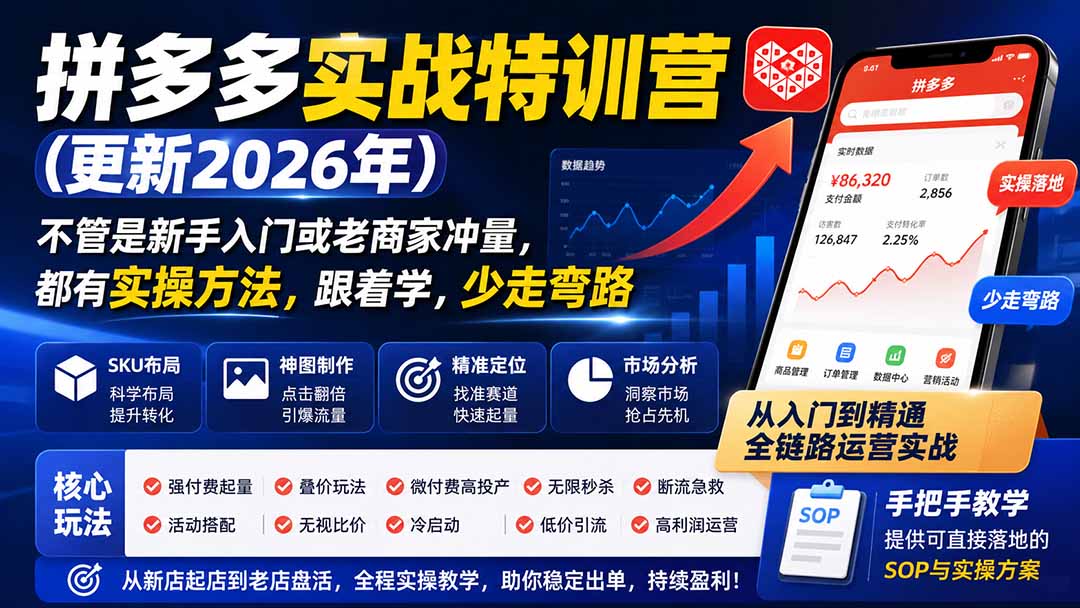 （20010期）拼多多实战特训营(更新26年0822)：不管是新手入门或老商家冲量，都有实操方法，跟着学，少走弯路 - 臻优资源网