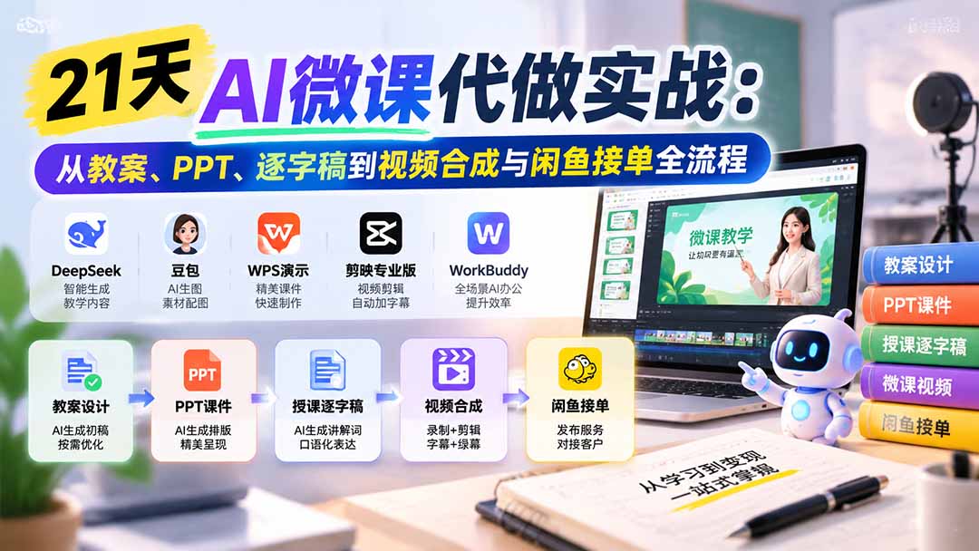 （21065期）21天AI微课代做实战：从教案、PPT、逐字稿到视频合成与闲鱼接单全流程 - 臻优资源网