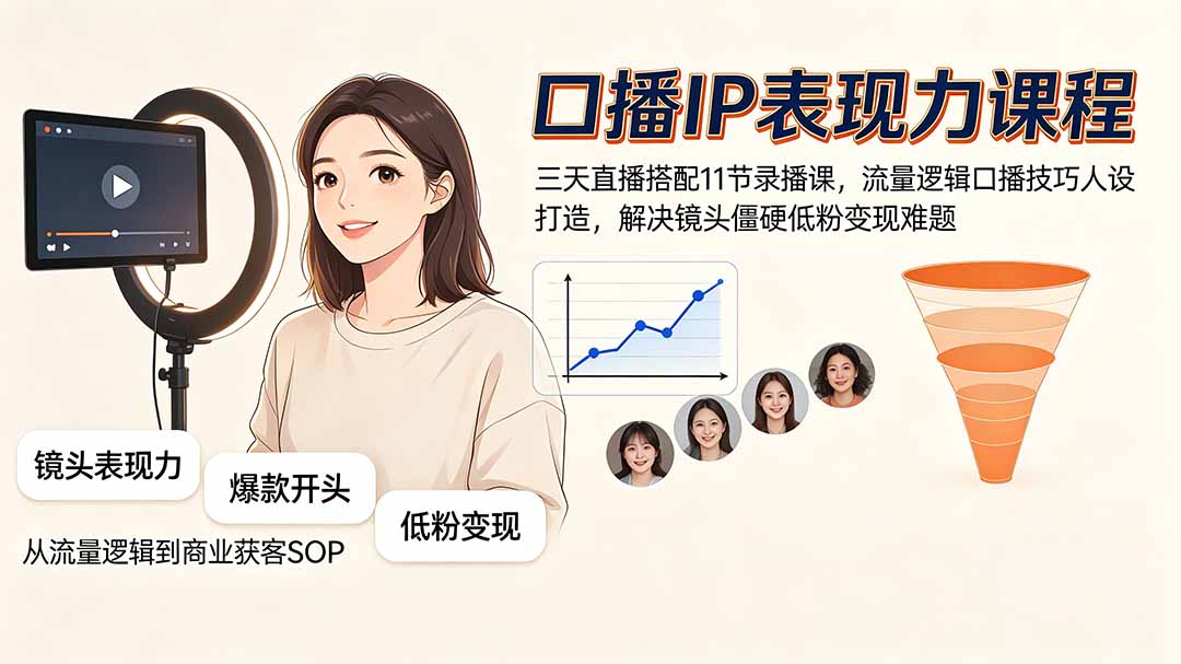 （19604期）口播IP表现力课程｜三天直播搭配11节录播课，流量逻辑口播技巧人设打造，解决镜头僵硬低粉变现难题 - 臻优资源网