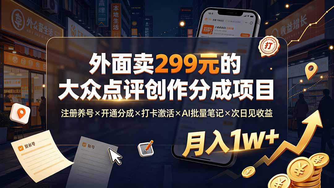 （19488期）外面卖299元的大众点评创作分成项目：注册养号×开通分成×打卡激活×AI批量笔记×次日见收益，月入1w+ - 臻优资源网