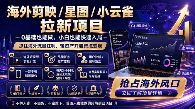 （18567期）海外剪映 / 星图 / 小云雀拉新项目 普通人也能上手的跨境流量变现副业 - 臻优资源网