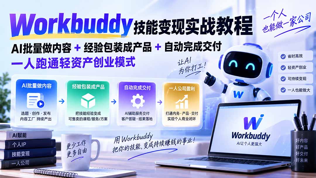（20492期）Workbuddy技能变现实战教程：AI批量做内容+经验包装成产品+自动完成交付，一人跑通轻资产创业模式 - 臻优资源网