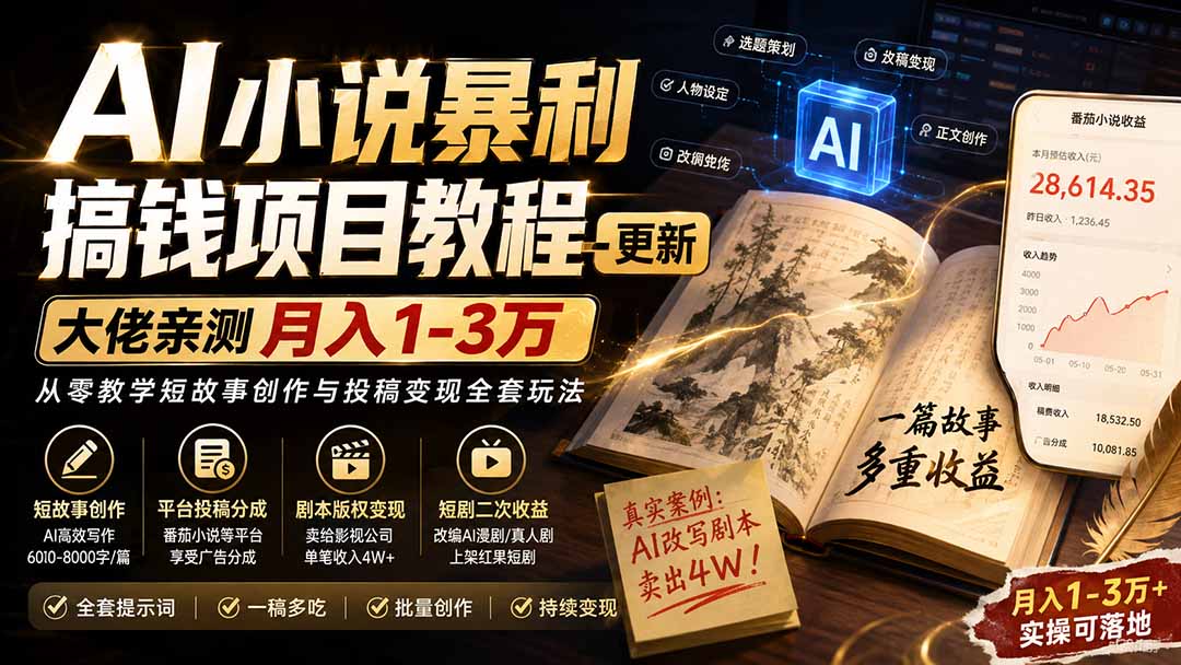 （20044期）AI小说暴利搞钱项目教程-更新，大佬亲测月入1-3万，从零教学短故事创作与投稿变现全套玩法 - 臻优资源网