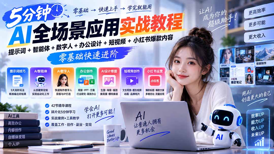 （20493期）AI全场景应用实战教程｜提示词+智能体+数字人+办公设计+短视频+小红书爆款内容，零基础快速进阶 - 臻优资源网