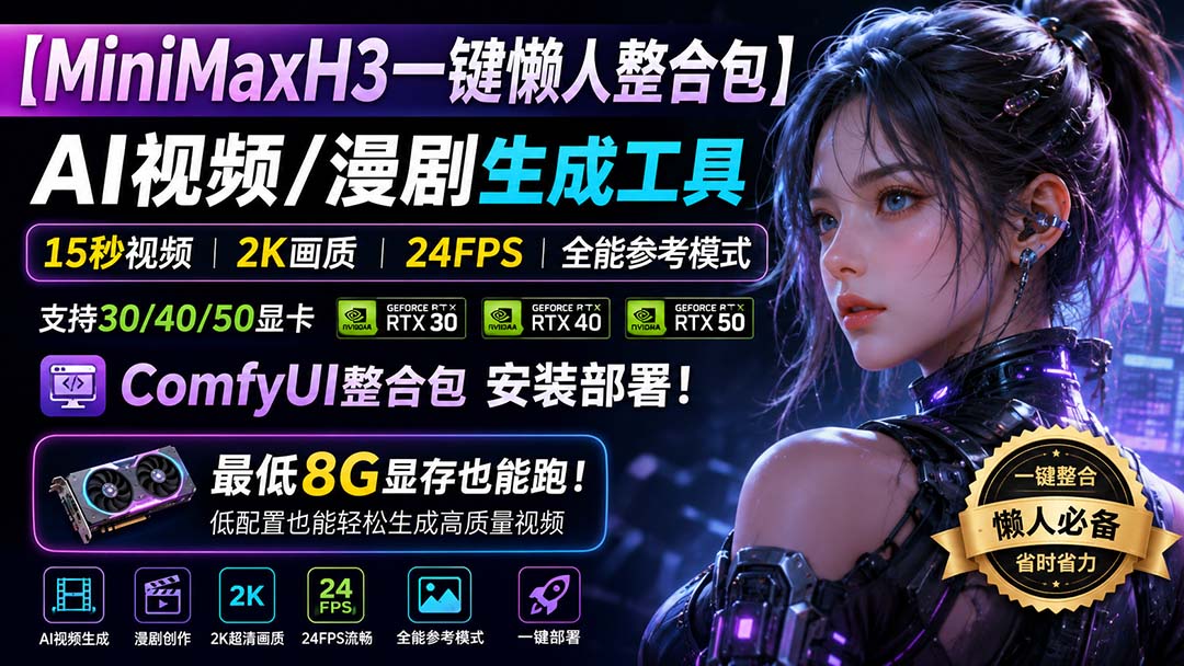 （20130期）MiniMaxH3一键懒人整合包：AI视频/漫剧生成工具，15秒视频_2K画质_24FPS_全能模式，支持30_40_50显卡，8g显存也能跑 - 臻优资源网