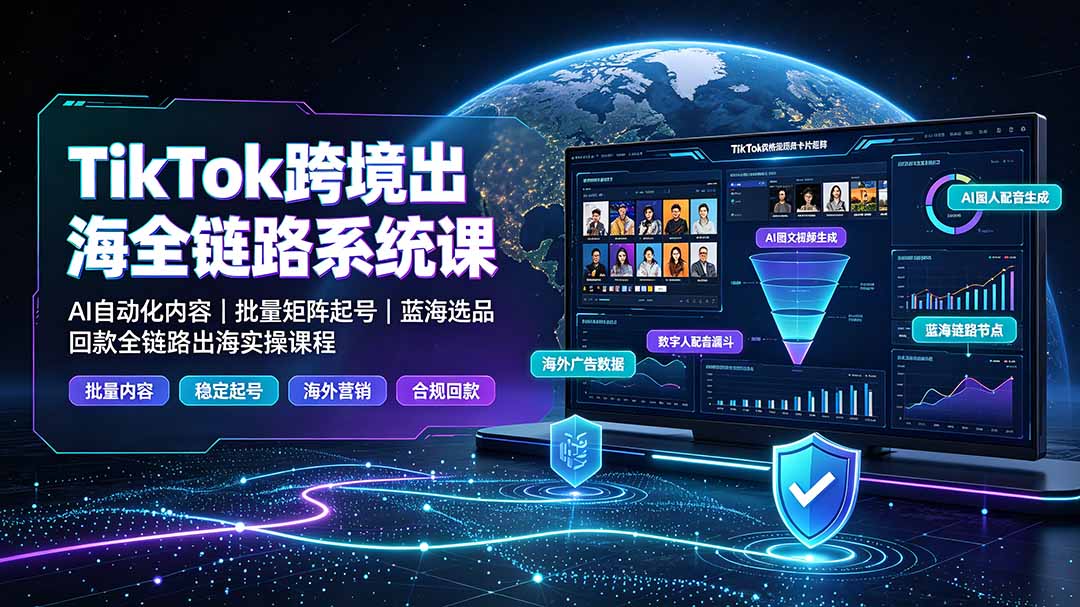 （19425期）TikTok跨境出海全链路系统课-2026年7月：AI自动化内容｜批量矩阵起号｜蓝海选品回款全链路出海实操课程 - 臻优资源网