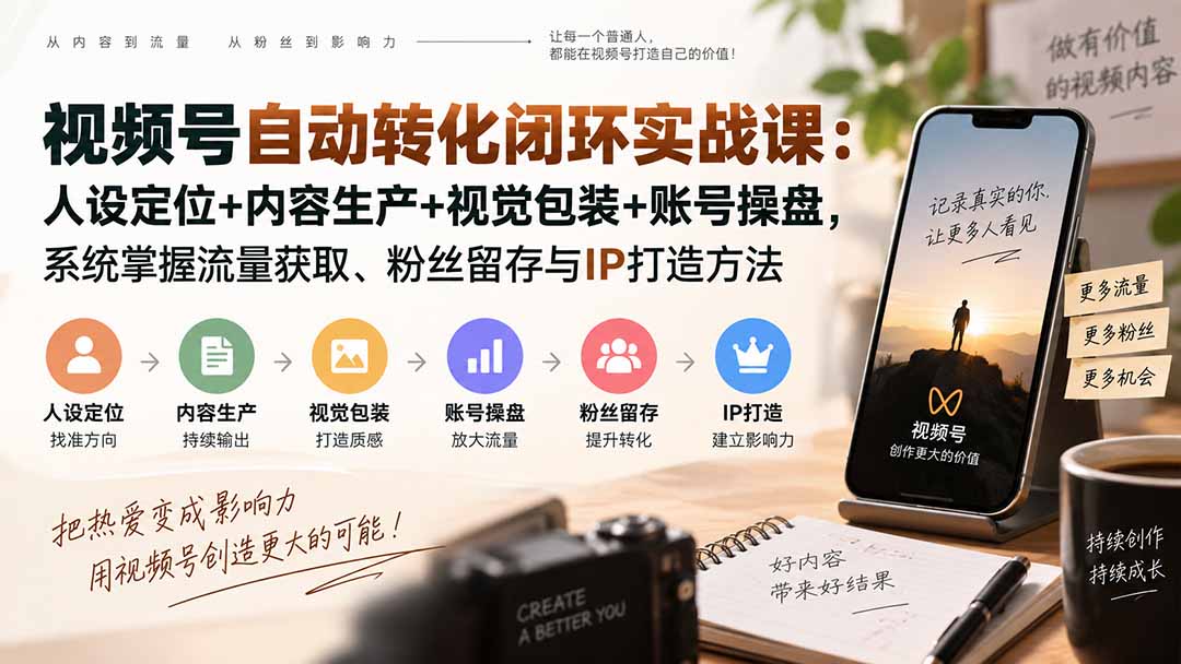 （20327期）视频号自动转化闭环实战课：人设定位+内容生产+视觉包装+账号操盘，系统掌握流量获取、粉丝留存与IP打造方法 - 臻优资源网