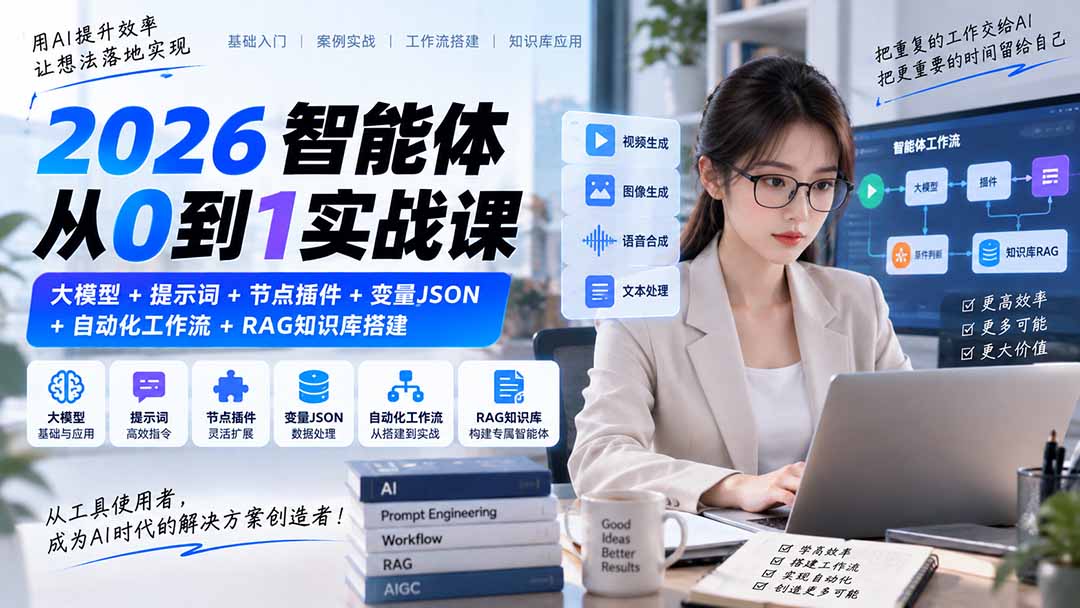 （20546期）2026智能体从0到1实战课｜大模型+提示词+节点插件+变量JSON+自动化工作流+RAG知识库搭建 - 臻优资源网