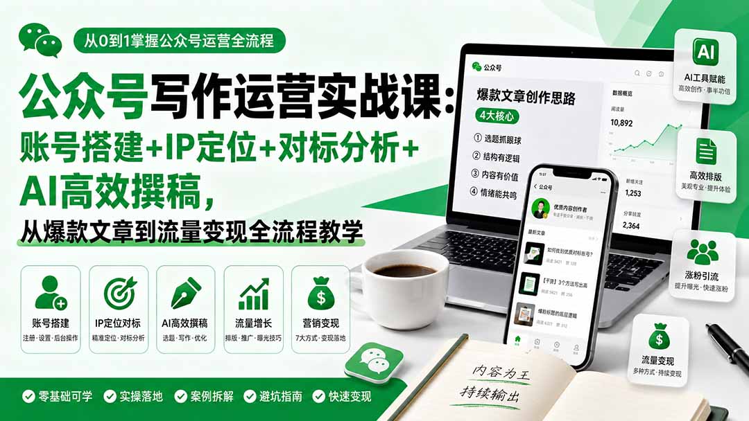 （19914期）公众号写作运营实战课：账号搭建+IP定位+对标分析+AI高效撰稿，从爆款文章到流量变现全流程教学 - 臻优资源网