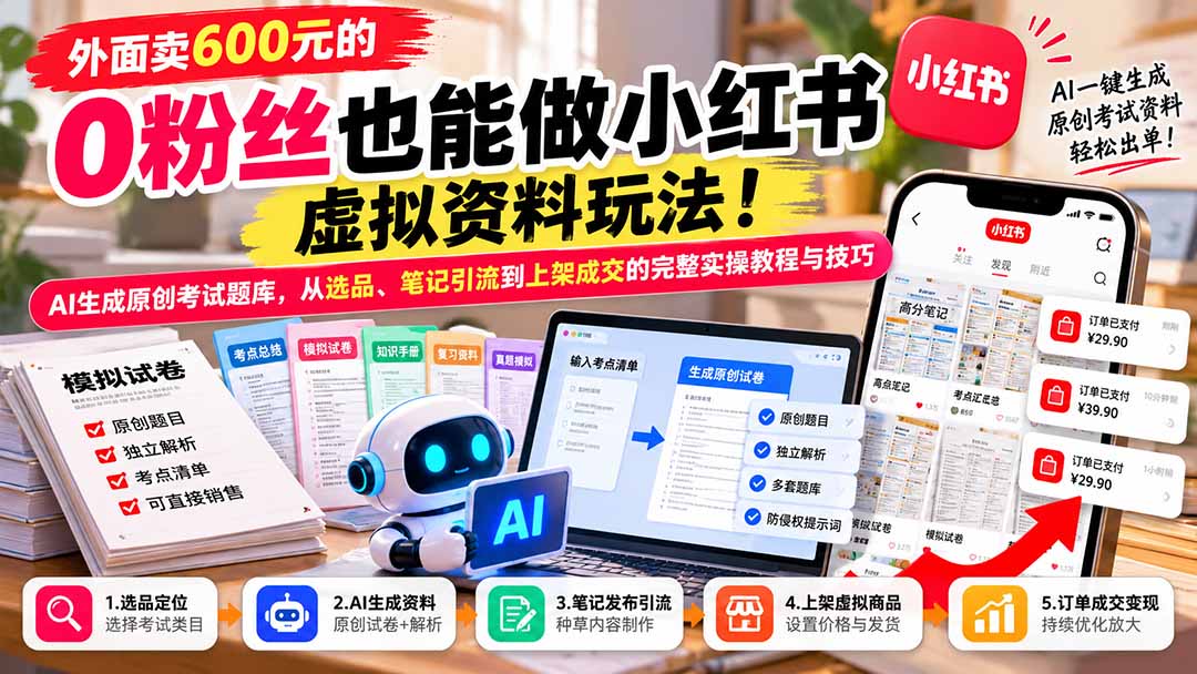 （21181期）外面卖600元的 零粉丝也能做小红书虚拟资料玩法！AI生成原创考试题库，从选品、笔记引流到上架成交的完整实操教程 - 臻优资源网