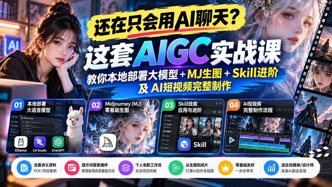 （21135期）【无水印】还在只会用AI聊天？这套AIGC实战课教你本地部署大模型+MJ生图+Skill进阶及AI短视频完整制作 - 臻优资源网