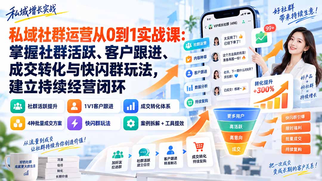 （20428期）私域社群运营从0到1实战课：掌握社群活跃、客户跟进、成交转化与快闪群玩法，建立持续经营闭环 - 臻优资源网