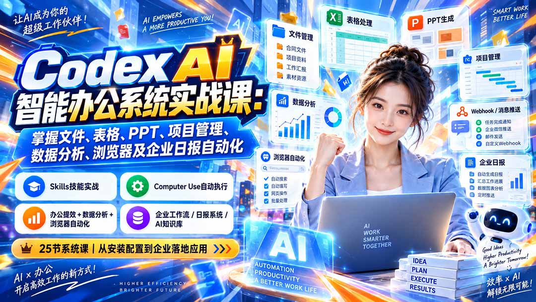 （20446期）Codex AI智能办公系统实战课：掌握文件、表格、PPT、项目管理、数据分析、浏览器及企业日报自动化 - 臻优资源网