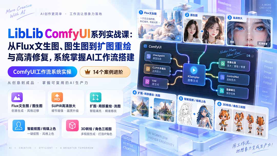 （20368期）LibLib ComfyUI系列实战课：从Flux文生图、图生图到扩图重绘与高清修复，系统掌握AI工作流搭建 - 臻优资源网