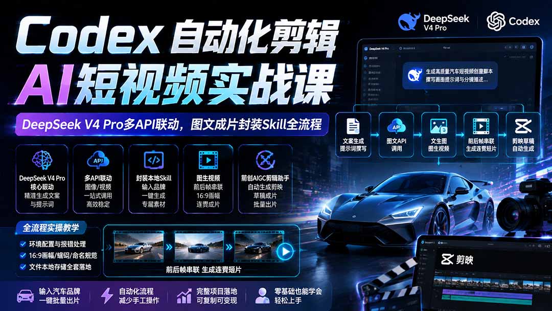 （19711期）Codex自动化剪辑AI短视频实战课｜DeepSeek V4 Pro多API联动，图文成片封装Skill全流程 - 臻优资源网