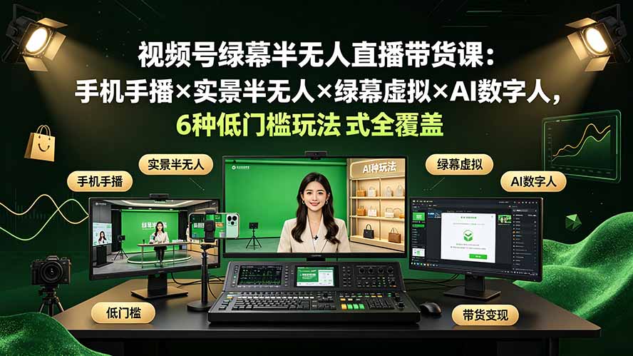 （19271期）视频号绿幕半无人直播带货课：手机手播×实景半无人×绿幕虚拟×AI数字人，6种低门槛玩法全覆盖 - 臻优资源网