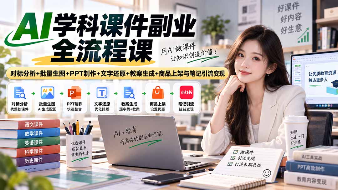 （20469期）AI学科课件副业全流程课｜对标分析+批量生图+PPT制作+文字还原+教案生成+商品上架与笔记引流变现 - 臻优资源网