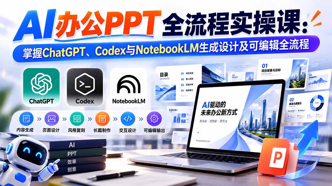 （20660期）【无水印】AI办公PPT全流程实操课： 掌握ChatGPT、Codex与NotebookLM生成设计及可编辑全流程 - 臻优资源网