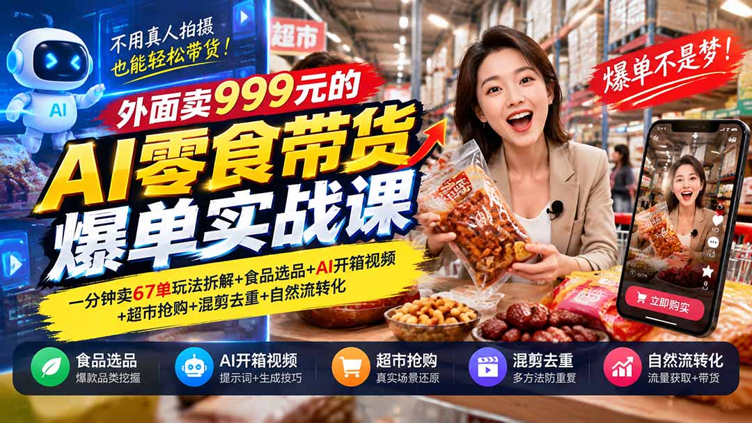 （20994期）外面卖999元的AI零食带货爆单实战课｜一分钟卖67单玩法拆解+食品选品+AI开箱视频+超市抢购+混剪去重+自然流转化 - 臻优资源网