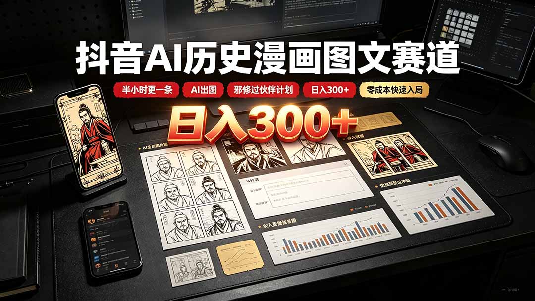 （19498期）抖音AI历史漫画图文赛道：半小时更一条×AI出图×邪修过伙伴计划×日入300+，零成本快速入局 - 臻优资源网