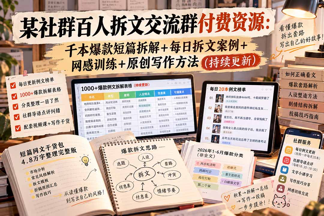 （20635期）某社群百人拆文交流群付费资源：千本爆款短篇拆解+每日拆文案例+网感训练+原创写作方法 (持续更新) - 臻优资源网