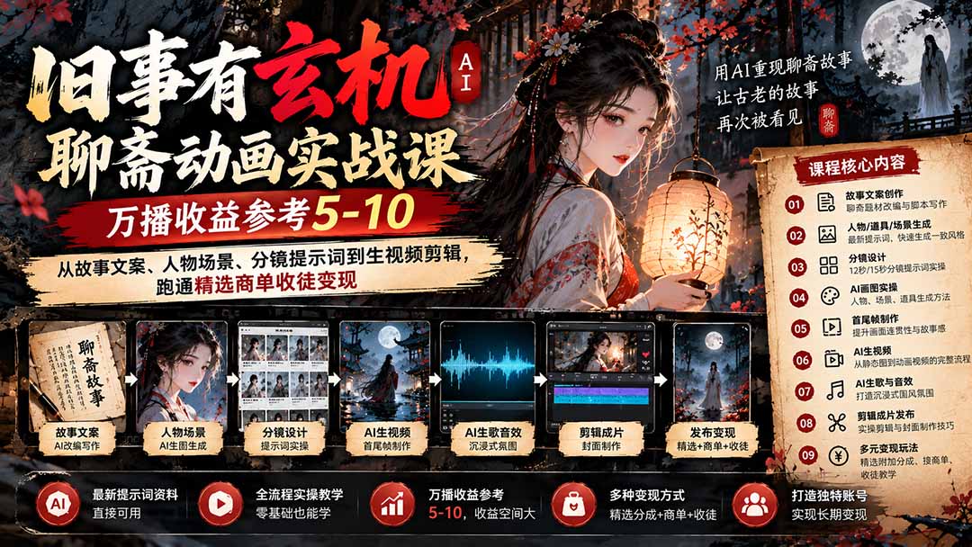 （20789期）旧事有玄机AI聊斋动画实战9月新课：万播收益参考5-10，从故事文案、人物场景到分镜生视频，跑通精选商单收徒 - 臻优资源网