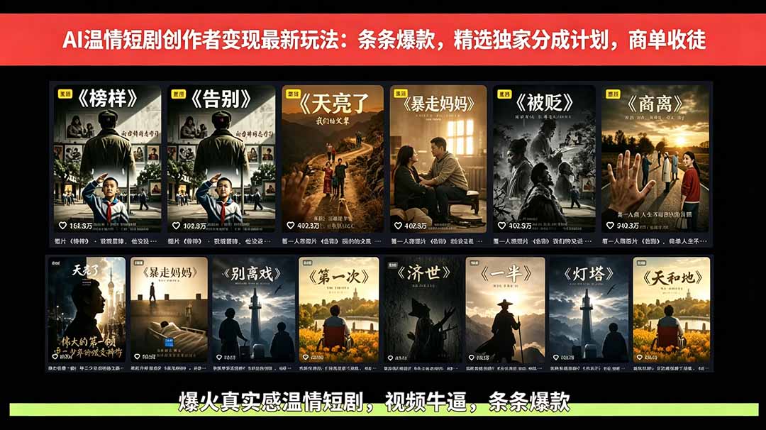 （18748期）AI温情短剧创作者变现最新玩法：视频牛逼，条条爆款，精选独家分成计划，商单收徒 - 臻优资源网