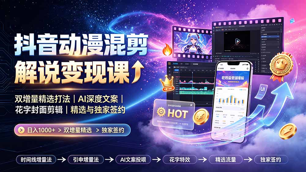 （19311期）抖音动漫混剪解说变现课：双增量精选打法｜AI深度文案｜花字封面剪辑｜ 精选与独家签约日入1000+ - 臻优资源网