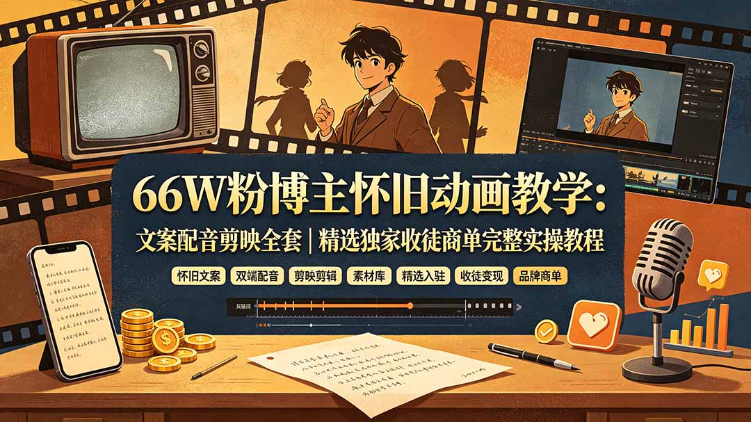 （19499期）66W粉博主怀旧动画教学：文案配音剪映全套｜精选独家收徒商单完整实操教程 - 臻优资源网