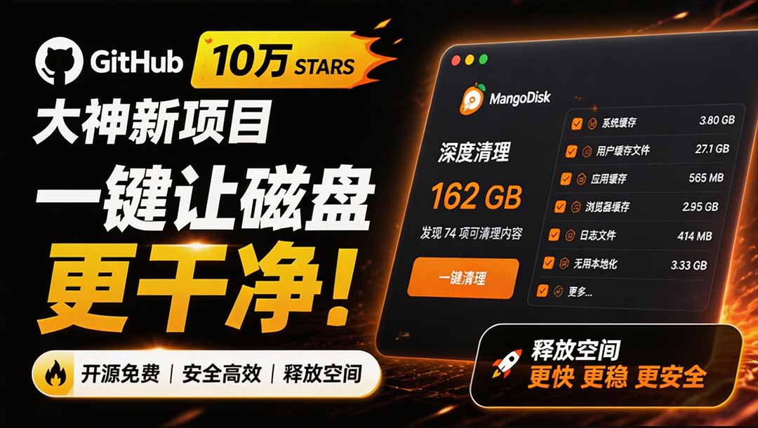 （19894期）在Gtihub上做出10万 stars 的大神，又发布新项目了！一键让磁盘更干净，开源免费清理工具 MangoDisk - 臻优资源网