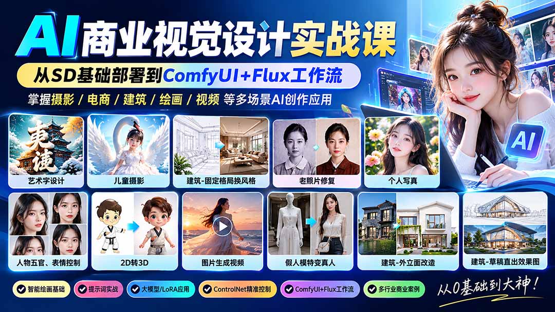 （20824期）【无水印】AI商业视觉设计实战课：从SD基础部署到ComfyUI+Flux工作流，掌握摄影电商建筑AI创作 - 臻优资源网