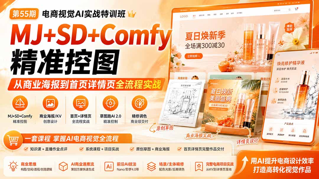 （20027期）电商视觉 AI实战训练营第55期：MJ+SD+Comfy精准控图，从商业海报到首页详情页全流程实战 - 臻优资源网