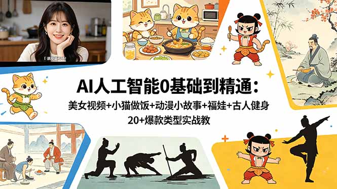 （18685期）AI人工智能0基础到精通：美女视频+小猫做饭+动漫小故事+福娃+古人健身，20+爆款类型实战教学 - 臻优资源网