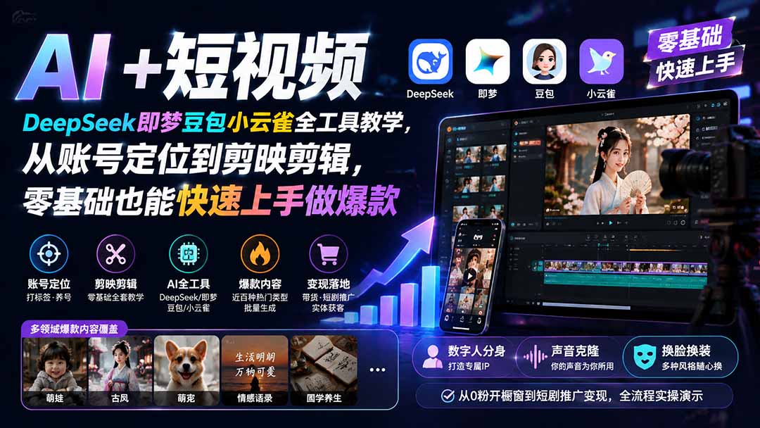 （19759期） AI+短视频｜DeepSeek即梦豆包小云雀全工具教学，从账号定位到剪映剪辑，零基础也能快速上手做爆款 - 臻优资源网