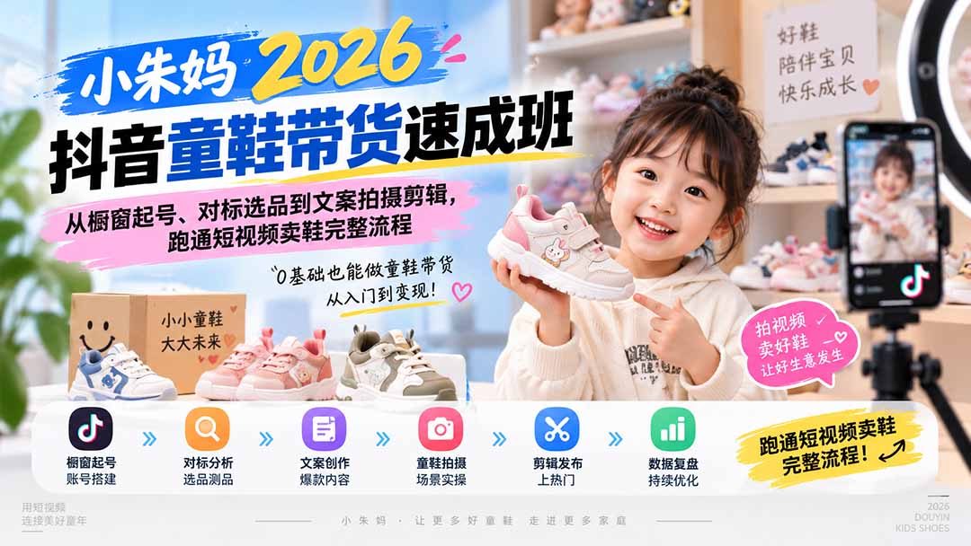 （20267期）小朱妈2026抖音童鞋带货速成班：从橱窗起号、对标选品到文案拍摄剪辑，跑通短视频卖鞋完整流程 - 臻优资源网