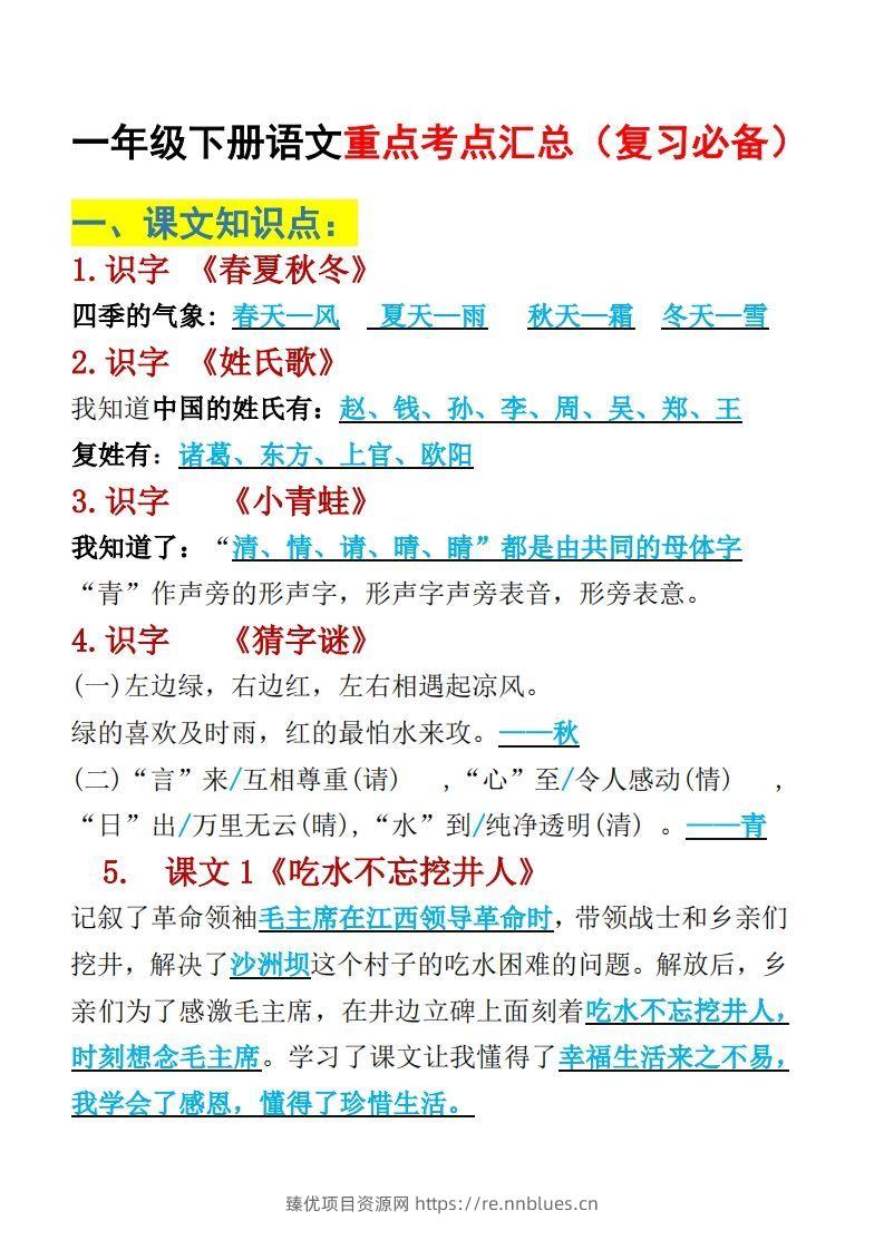 一年级下册语文重点考点汇总（复习必备） - 臻优资源网