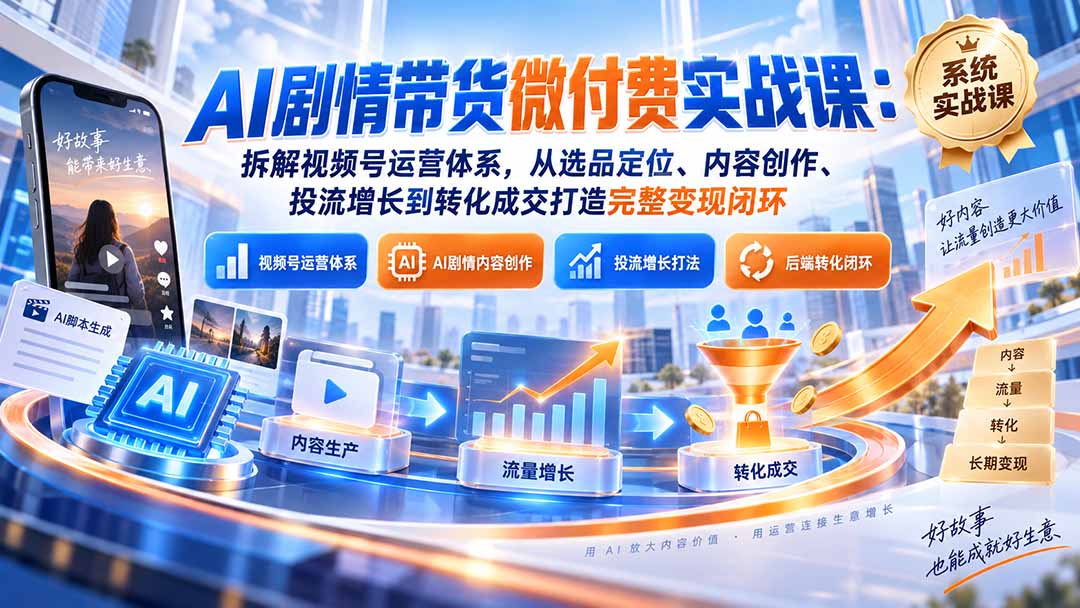 （20611期）AI剧情带货微付费实战课：拆解视频号运营体系，从选品定位、内容创作、投流增长到转化成交打造完整变现闭环 - 臻优资源网