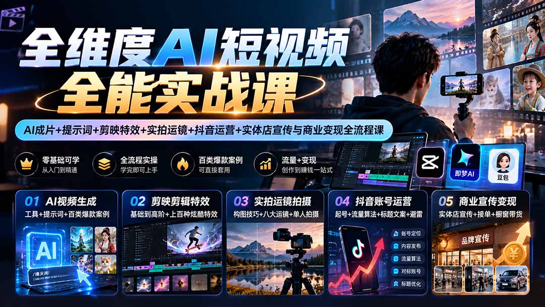 （20768期）【无水印】全维度AI短视频全能实战课：AI成片+提示词+剪映特效+实拍运镜+抖音运营+实体店宣传与商业变现全流程课 - 臻优资源网