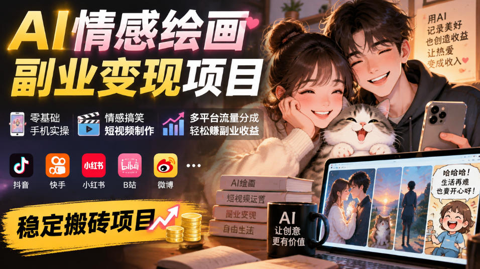 AI情感绘画副业变现项目｜零基础手机实操，情感搞笑短视频制作，多平台流量分成轻松賺副业收益 - 臻优资源网