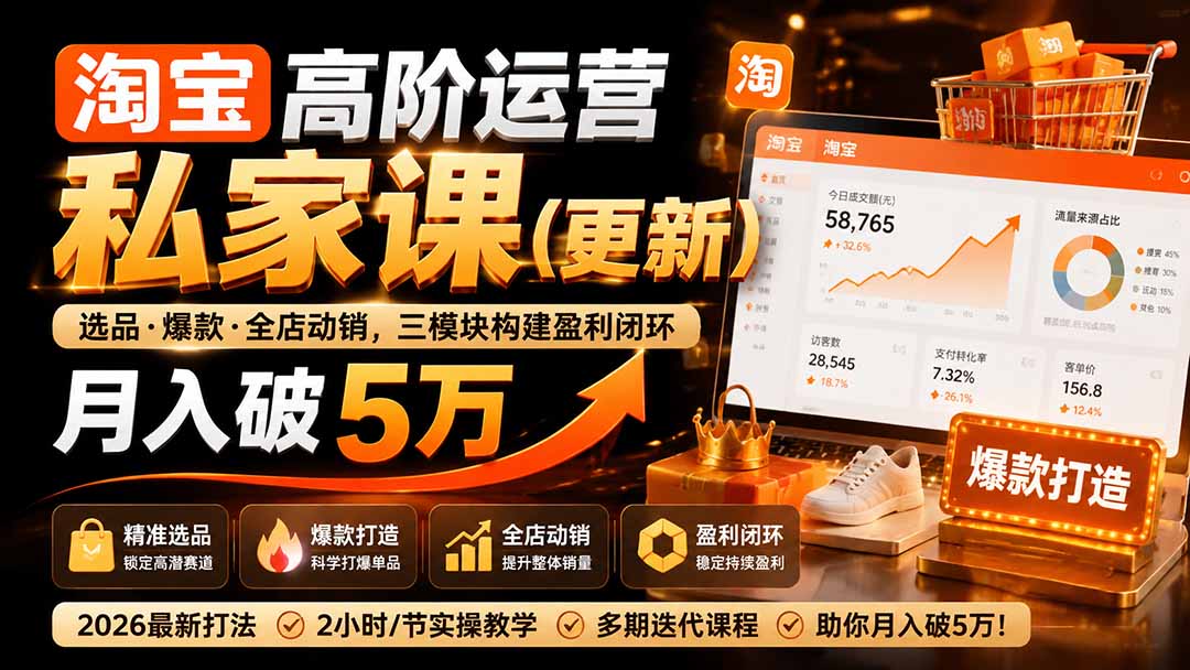 （19726期）淘宝高阶运营私家课（更新26年4月18）：选品、爆款、全店动销，三模块构建盈利闭环，月入破5万 - 臻优资源网