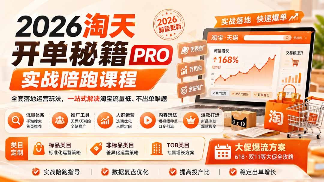 （20029期）2026淘天开单秘籍PRO实战陪跑课程：全套落地运营玩法，一站式解决淘宝流量低、不出单难题（更新260823） - 臻优资源网