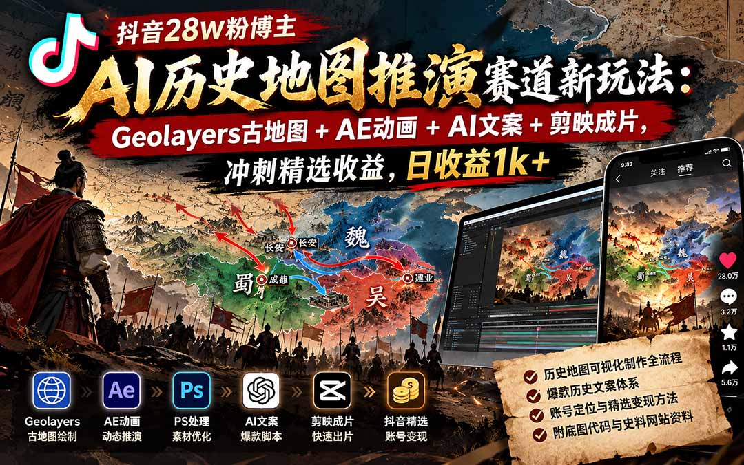 （20809期）抖音28W粉博主AI历史地图推演赛道新玩法：Geolayers古地图+AE动画+AI文案+剪映成片，冲刺精选收益，日收益1k+ - 臻优资源网