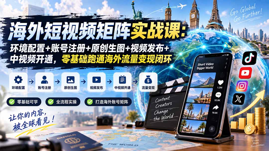 （20470期）海外短视频矩阵实战课：环境配置+账号注册+原创生图+视频发布+中视频开通，零基础跑通海外流量变现闭环 - 臻优资源网