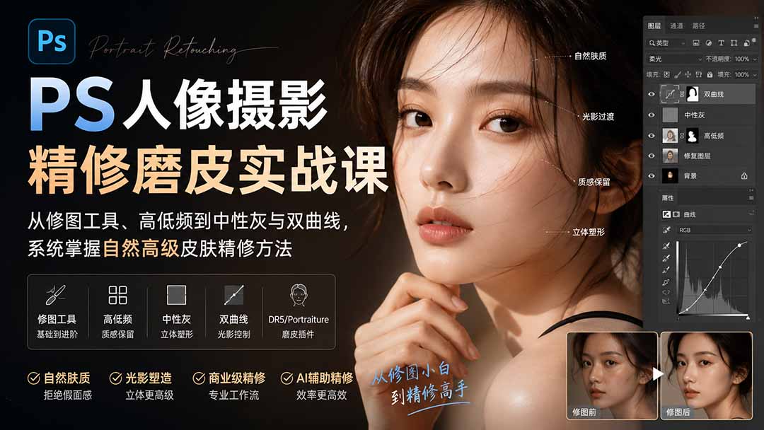 （20061期）PS人像摄影精修磨皮实战课：从修图工具、高低频到中性灰与双曲线，系统掌握自然高级皮肤精修方法 - 臻优资源网