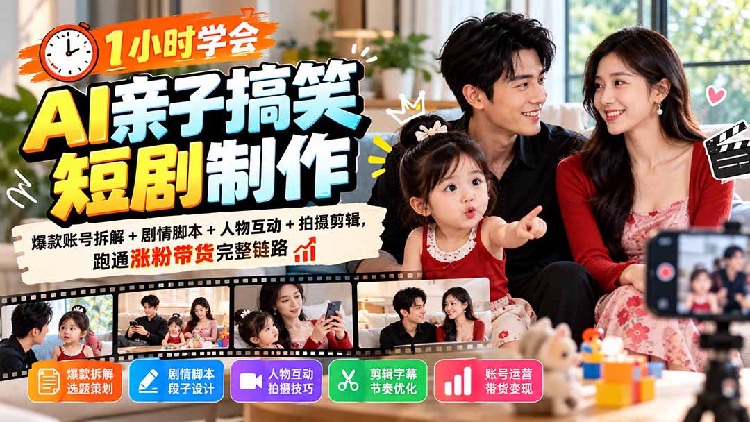 （20807期）1小时学会AI亲子搞笑短剧制作：爆款账号拆解+剧情脚本+人物互动+拍摄剪辑，跑通涨粉带货完整链路 - 臻优资源网