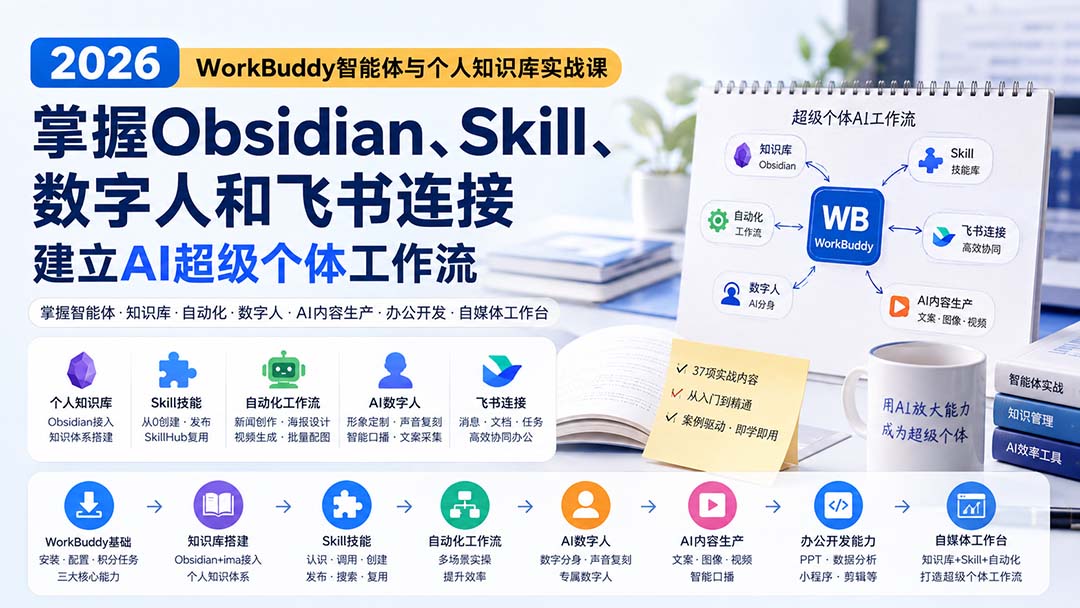 （20169期）2026 WorkBuddy智能体与个人知识库实战课：掌握Obsidian、Skill、数字人和飞书连接，建立AI超级个体工作流 - 臻优资源网