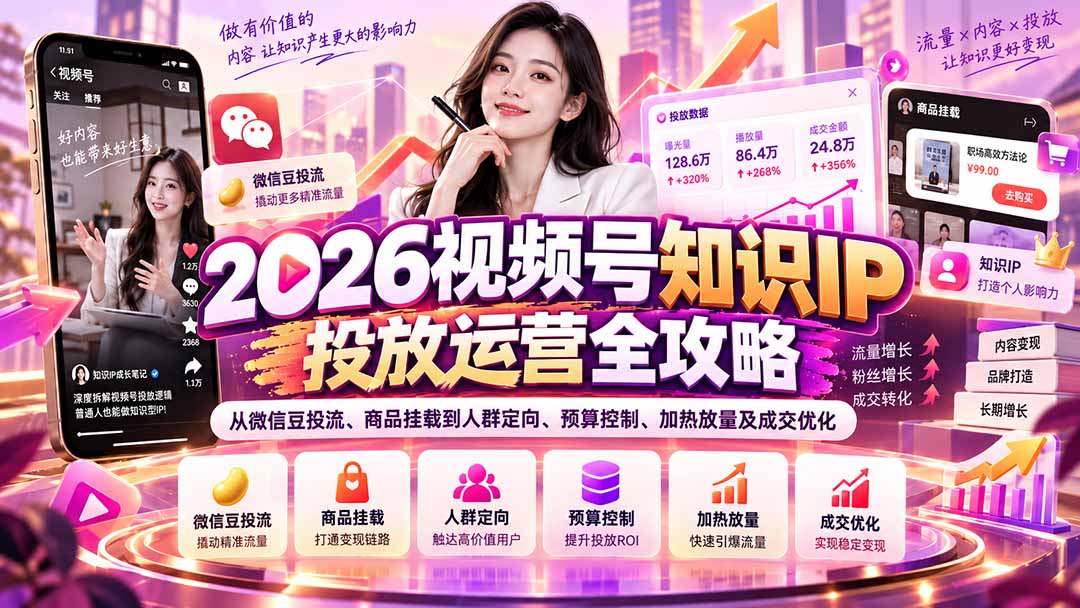 （20860期）2026视频号知识IP投放运营全攻略：从微信豆投流、商品挂载到人群定向、预算控制、加热放量及成交优化 - 臻优资源网